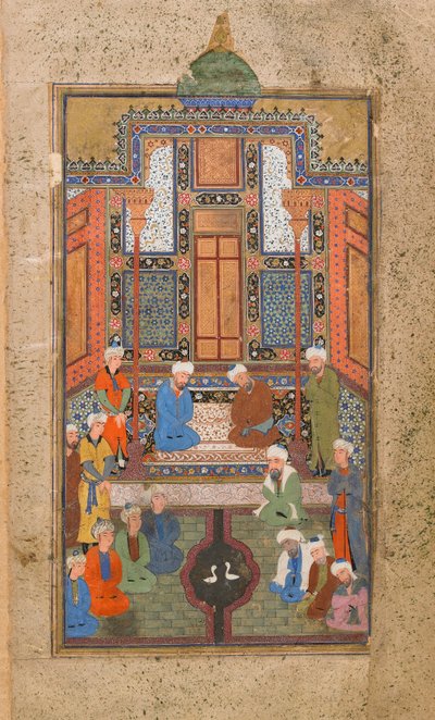Cena do palácio em um Tuhfat al-Ahrar (Dom do livre) Bukhara, Uzbequistão, período de Uzbequistão, c.1540 (aquarela opaca, tinta e ouro no papel) de Uzbek School