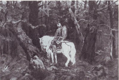 Em meditação (um cavaleiro a cavalo entra em uma floresta densa) de V.Vasnetsov