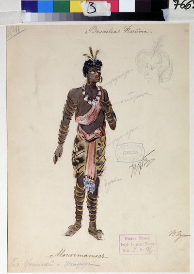 Figurinos para a ópera ""A Flauta Mágica"" de Wolfgang Amadeus Mozart (1756-1791) (Figurinos para a ópera ""die Zauberflote""" de W A Mozart). Obra de V.Bushina (início do século XIX). Aguarela, guache e ouro sobre papel de V. Bushina