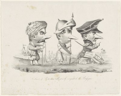 Spotprent op de Rotterdamse schutterij, 1830
Os bravos de Roterdão vão conquistar a Bélgica (título sobre o objecto) de V. Dubrulle