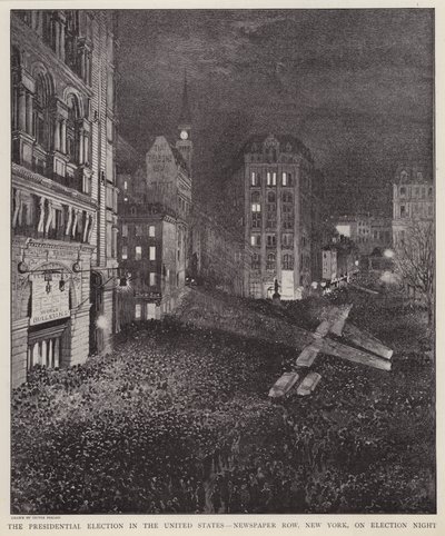 Newspaper Row, New York City, na noite das eleições presidenciais americanas, 8 de Novembro de 1892 (litho) de V. Perard