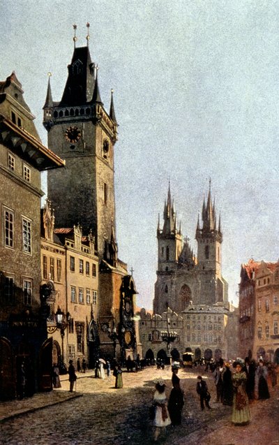 a praça Starometsky e a câmara municipal de Praga, c. 1900 (imprimir) de Vaclav Jansa