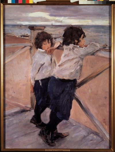 Crianças. (Dois irmãos num pontão de madeira em frente ao Mar Báltico). Pintura de Valentin Alexandrovich Serov (1865-1911), óleo sobre tela de Valentin Aleksandrovich Serov