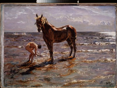 O banho do cavalo. (Jovem nu jogando água em um cavalo, outras duas figuras correm para o mar). Pintura de Valentin Alexandrovich Serov (1865-1911), óleo sobre tela de Valentin Aleksandrovich Serov
