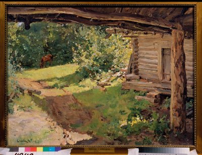 Paisagem com um cavalo (casa de camponeses). Pintura de Valentin Alexandrovich Serov (1865-1911), óleo sobre tela de Valentin Aleksandrovich Serov