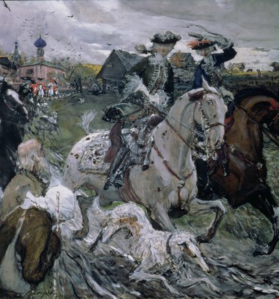 Peter II (1715-30) e Tsarevna Elizabeth (1709-62) Hunting, 1900 (tempera e guache sobre papel) de Valentin Aleksandrovich Serov