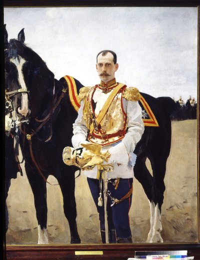 Retrato do Grão-Duque Paul Alexandrovich da Rússia (1860-1919). (Retrato do Grão-Duque Paul Alexandrovich da Rússia). No uniforme de um oficial de cavalaria do Exército Imperial da Rússia, perto do seu cavalo. Pintura de Valentin Alexandrovich Serov ( de Valentin Aleksandrovich Serov
