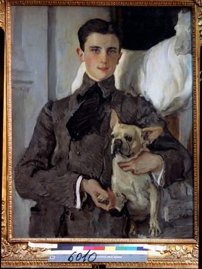 Retrato do Príncipe Felix Youssoupoff, Conde Soumarokov Elston (1887-1967), com um cachorro. (Retrato do príncipe Felix Yusupov, conde Sumarokov Elston, com um cachorro). Pintura de Valentin Alexandrovich Serov (1865-1911), óleo sobre tela de Valentin Aleksandrovich Serov