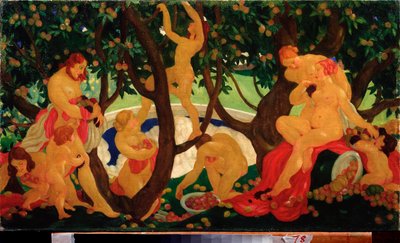 Gathering Aple - Pintura de Valentin Alexandrovich Yakovlev (1887-1919), óleo sobre tela de Valentin Alexandrovich Yakovlev