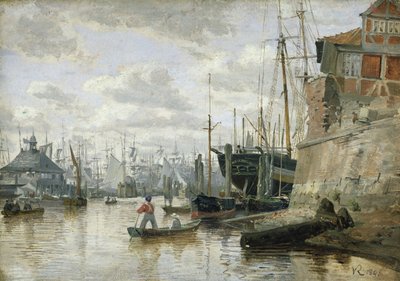 O Log Cabin no porto de Hamburgo, 1848 (óleo sobre papel a bordo) de Valentin Ruths