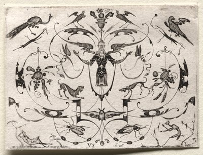 Arabesco com Pavão, Periquito, Cães e Insetos, 1626. de Valentin Sezenius
