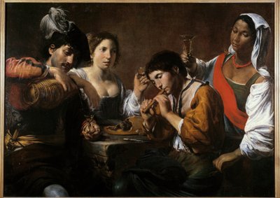 Reunião em um cabaré Pintura de Valentin de Boulogne (1591-1632) Sol do século XVII. 0,96x1,33 m de Valentin de Boulogne