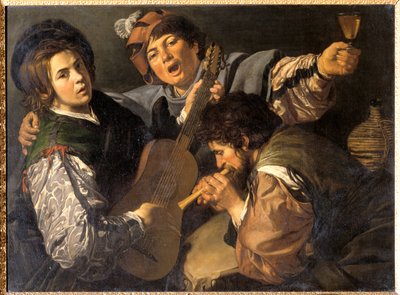 Três homens fazendo música, c.1616 (óleo sobre tela) de Valentin de Boulogne
