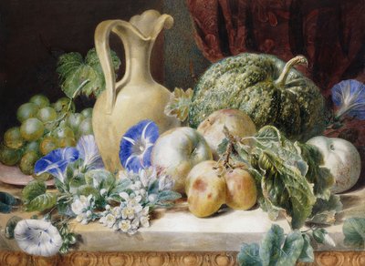 Natureza morta com jarro, maçãs, ameixas, uvas e flores, de Valentine Bartholomew
