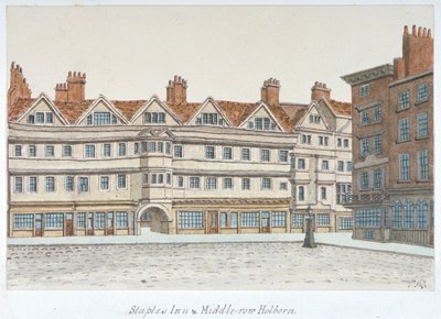 Vista do Staple Inn e dos edifícios da Middle Row no centro de Holborn, Londres, 1850. de Valentine Davis