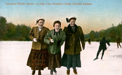 Esportes de inverno canadenses: A Jolly Trio, Grenadier Pond, Toronto, Canadá, século XX. de Valentine and Sons Publishing Co