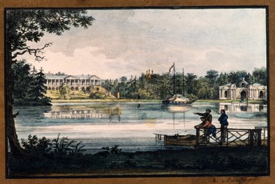 ""Galeria de Camarões no Palácio de Catarina em Tsarskoye Selo"" por Valerian Platonovich Langer (1799-1870), Litografia, aquarela, ca 1820, Museu Estatal ao Ar Livre Tsarskoye Selo, São Petersburgo de Valerian Platonovich Langer