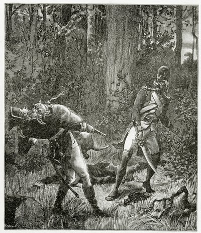 Rask o cão matando um soldado inglês - ilustração de Bug-Jargal, gravura do século XIX bw de Valnay Pere et fils