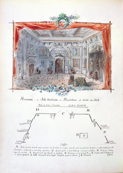 Cenário e instruções de palco para uma produção de 1877 de Hernani por Victor Hugo (1802-85), 1879 (ink & gouache) de Valnay Pere et fils