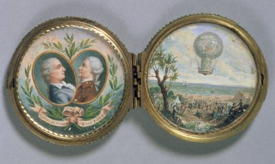 Miniatura do retrato de JF Pilatre e Pierre Romain com uma cena de sua ascensão do balão, 1784 (guache no velino) de Van Blarenberghe