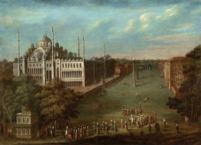 Procissão do Grande Vizir na Praça do Hipódromo com a Mesquita do Sultão Ahmed, 1737 de Vanmour