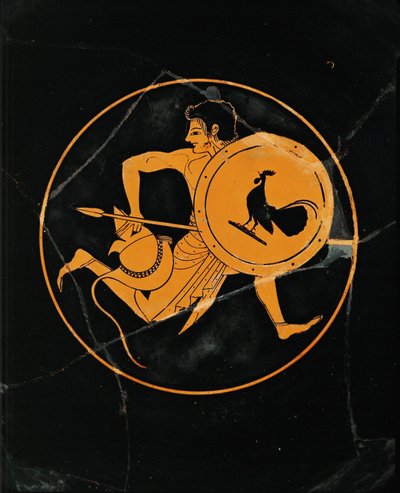 Hoplita corredor, com escudo, lança e capacete ... de Vasepainter Skythos