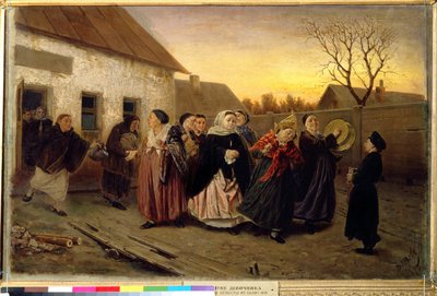Costume russo: procissão de mulheres saindo de uma casa dançando e cantando na véspera de um casamento (Festa de Véspera de Casamento em Casa de Banho). Pintura de Vasili (Vasili) Grigoryevich Perov (1834-1882) de Vasili Grigorevich Perov