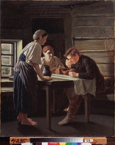 O acolhimento do peregrino. Pintura por Vasili (Vassili) Grigorievich Perov (1834-1882), óleo sobre tela de Vasili Grigorevich Perov