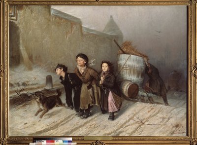 Troika (Sleigh). Aprendizes à procura de água (Rua no Inverno). Pintura por Vasili (Vasili) Grigoryevich Perov (1834-1882), óleo sobre tela de Vasili Grigorevich Perov