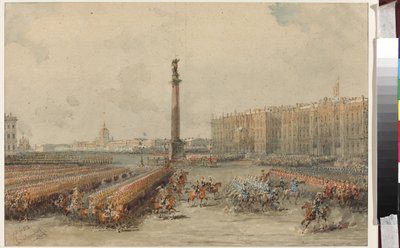 Desfile do Regimento de Cavalos Salva-Vidas na Praça do Palácio - Vasily Semyonovich Sadovnikov (1800-1879). Aguarela e cor branca sobre papel de Vasili Semenovich Sadovnikov