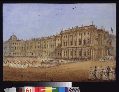 Revisão Militar no Palácio de Inverno em São Petersburgo. Obra de Vasily Semyonovich Sadovnikov (1800-1879), aquarela sobre papel, por volta de 1840. Arte russa de Vasili Semenovich Sadovnikov