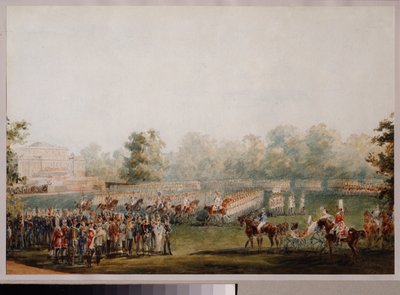 Desfile militar no prado do palácio de Elagin em São Petersburgo. (Desfile da Guarda Imperial). Obra de Vasily Semyonovich Sadovnikov (1800-1879), aquarela sobre papel de Vasili Semenovich Sadovnikov