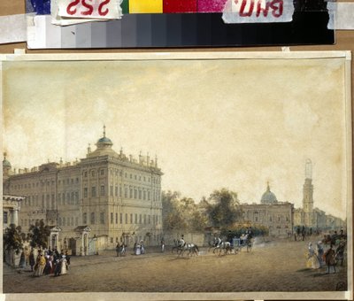 São Petersburgo. O Palácio Anichkov. (São Petersburgo. O Palácio Anichkov). Obra de Vasily Semyonovich Sadovnikov (1800-1879), aguarela sobre papel, ca. 1830. Arte russa de Vasili Semenovich Sadovnikov
