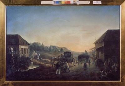 Estação Stagecoach. Pintura por Vasili Vasilyevich Samoylov (1813-1887), óleo sobre tela de Vasili Vasilyevich Samoylov