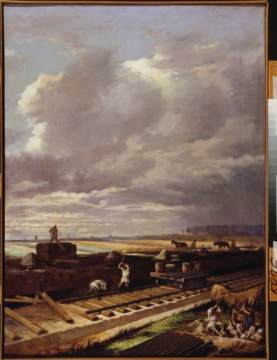 Construção de uma linha ferroviária - Pintura de Vasili Vladimirovich Pukirev (Vassili Poukirev) (1832-1890), óleo sobre tela de Vasili Vladimirovits Pukirev