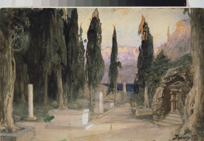 Decoração preparatória para a ópera ""Orfeu e Eurídice"" de Christoph Willibald Gluck (1714-1787) - Cenário para a ópera Orfeo ed Euridice de Ch Gluck - Obra de Vasili Dmitrievich Polenov (1844-1927), aquarela sobre papelão de Vasilij Dmitrievich Polenov