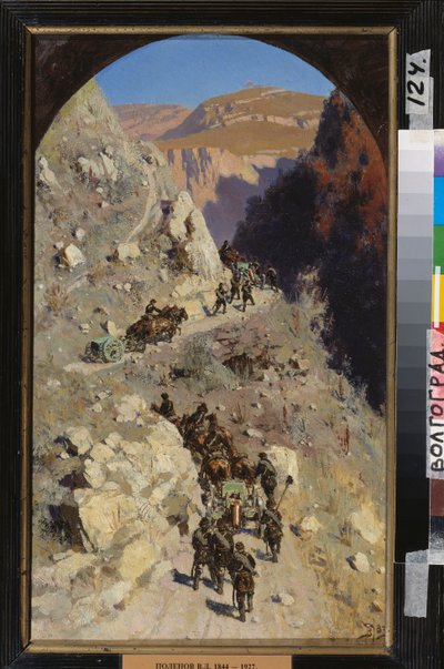 Artilharia nas montanhas do Cáucaso (Episódio da conquista do Cáucaso do Norte pelo Império Russo, campanha 1853-1856). Pintura de Vasili Dmitrievich Polenov (1844-1927), óleo sobre tela de Vasilij Dmitrievich Polenov