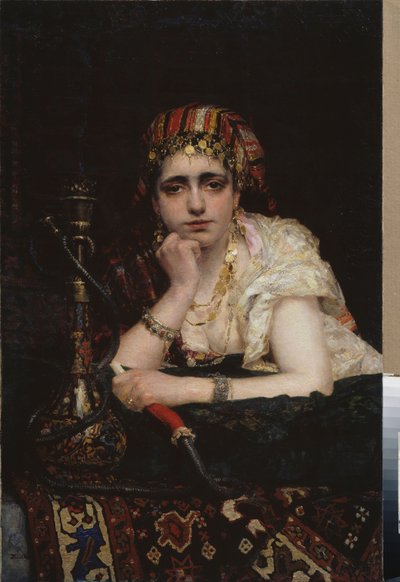 Uma odalisca. (Retrato de uma mulher de harém, com um olhar melancólico, segurando um narguilé). Pintura de Vasili Dmitrievich Polenov (1844-1927), óleo sobre tela. Arte russa do século XIX, orientalismo. Museu Nacional de Arte da República Bielorrussa, Mi de Vasilij Dmitrievich Polenov