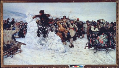 Storm of Snow Fortress (Cena popular de regozijo durante a semana dos cuidados ortodoxos, maslenitsa) - Pintura de Vasilli Ivanovich Surikov (Vasily Surikov ou Vasily Surikow) (1848-1916), óleo sobre tela de Vasilij Ivanovic Surikov
