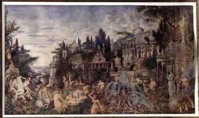 Uma orgia (uma orgia). Cena de festa em frente aos antigos palácios romanos, reunindo um cortejo dionisíaco de sátiros e bacantes, em cenas de banho. Obra de Vassili (Vasili, Vasilii, Wilhelm) Alexandrovich Kotarbinsky (Kotarbinski, Kot de Vasily Alexandrovich Kotarbinsky