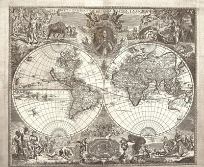Mapa de hemisfério duplo do mundo, 1713 de Vasily Anufrievich Kiprianov