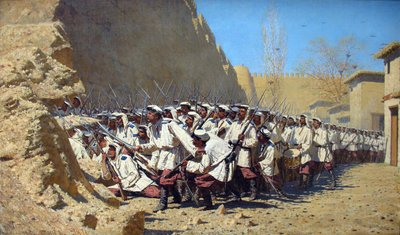 Russo: "Pela Muralha da Fortaleza. "Deixem-nos entrar." Junto à Muralha da Fortaleza. "Deixem-nos entrar." de Vasily Vereshchagin