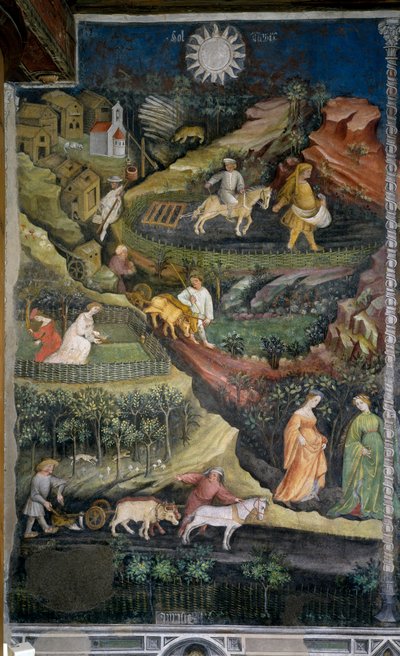 Abril: lavoura e semeadura de campos. Cena agrícola com arado, grade e ferramentas agrícolas no campo. Pintura do Mestre dos Meses ou Mestre Wenceslas (Maestro dei Mesi ou Maestro Wenceslao em italiano, início do século XV) r de Venceslao Maestro