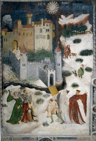 Mês de Janeiro: paisagem de neve com aristocratas e caçadores. Os aristocratas jogam bolas de neve enquanto os caçadores vão caçar com os seus cães. No fundo o castelo do Castello di Stenico e um homem com a chave está pronto para abrir a porta da fortalez de Venceslao Maestro