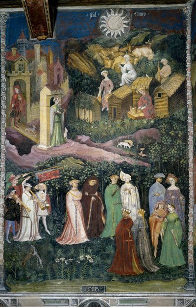 Mês de Junho: dança de damas e cavaleiros. No fundo trata de vacas e queijos feitos com leite. Pessoas carregadas de comida estão saindo do castelo. O Cardeal Bernardo Cles (1485-1539), o patrocinador do quadro refeito por Fogolino, está representado em de Venceslao Maestro