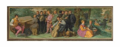 Um concerto pastoral, com elegantes figuras tocando cítara, clavicórdio, violino, corneta, trombone e violoncelo (óleo sobre painel) de Venetian School