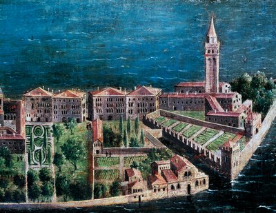 Jardim ao lado da Igreja do Redentor, detalhe da vista de Veneza, pintura da escola veneziana, Itália de Venetian School