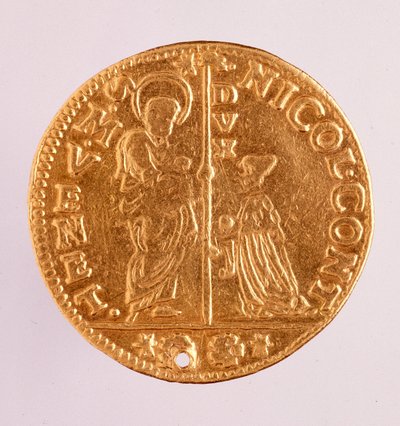 Moeda de ouro (zecchino ou lantejoula) da República de Veneza: reinado do doge Nicolo Contarini (1630-1631). Diâmetro 3,4 cm Roma, museo nazionale delle termine de Venetian School