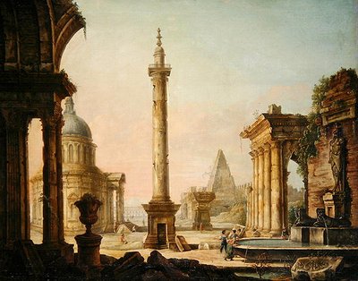 Imaginery View com Monumento de Coluna (óleo sobre tela) de Venetian School