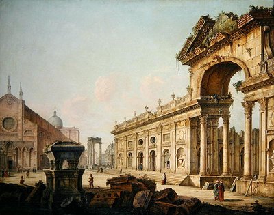 Imaginery View with Triumphal Arch (óleo sobre tela) de Venetian School